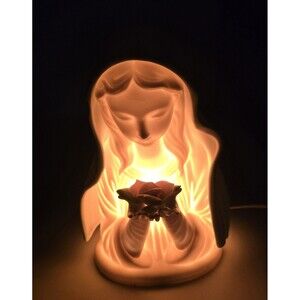 Vintage Madonna Mary Holding Flower Porcelain Lighted Statue Figurine - Works